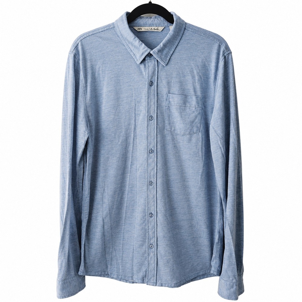Travis Mathew Button Up Shirt Mens L Blue Long Sleeve Pima Cotton Golf‎ Stretch